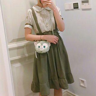Set: Short Sleeve Patterned Blouse + Suspender Dress