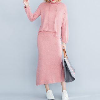 Set: Hooded Long-sleeve T-shirt + Plain Midi Skirt As Shown In Figure - One Size