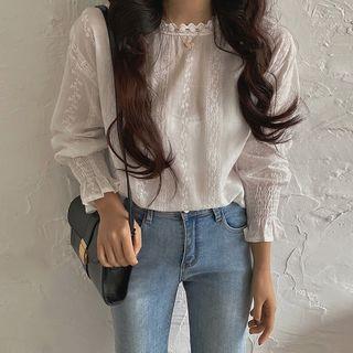 Balloon-sleeve Eyelet Lace Blouse White - One Size