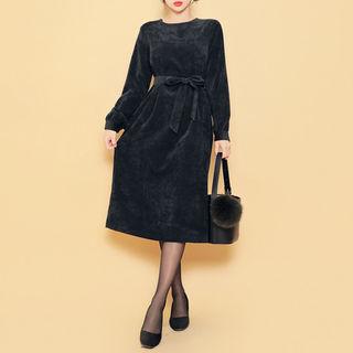 Round-neck Corduroy Long Dress With Sash