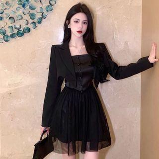 Spaghetti Strap A-line Dress / Crop Blazer / Set
