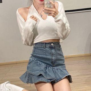 Ruffle Hem Denim Mini Skirt / Halter-neck Crop Top / Shrug / Set