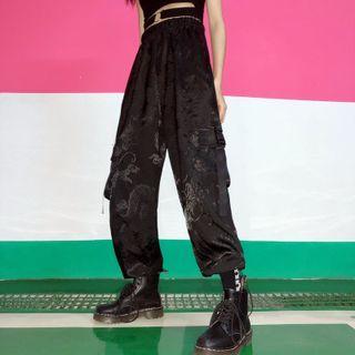 Dragon Print Buckled Cargo Pants