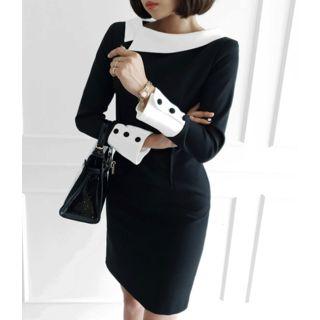 Contrast-trim Slit-back Sheath Dress