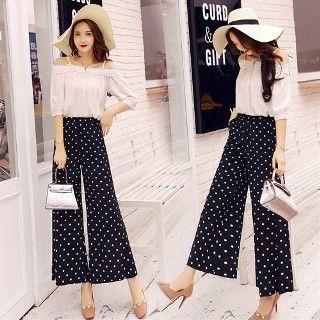 Set: Off-shoulder Top + Polka Dot Wide-leg Pants