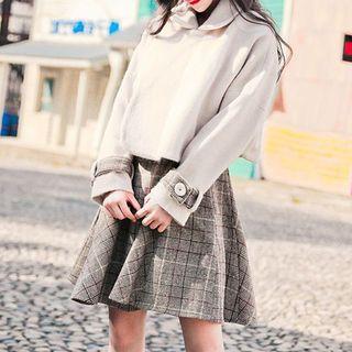 Set: Sleeveless Plaid Mini A-line Dress + Open Front Coat