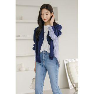 V-neck Stripe Shirt-panel Cardigan