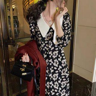 Contrast Collar V-neck Floral Print Shirtdress