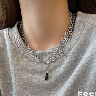 Faux Crystal Pendant Alloy Choker 1pc - Black & Silver - One Size