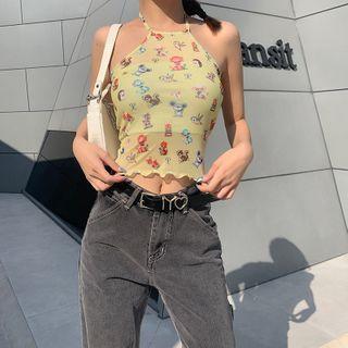 Halter-neck Cartoon Print Cropped Camisole Top