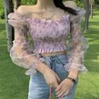 Floral Mesh Panel Ruffle Trim Cropped Blouse