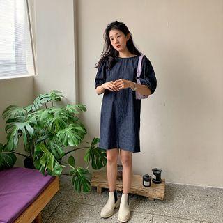 Puff-sleeve Denim Shift Dress