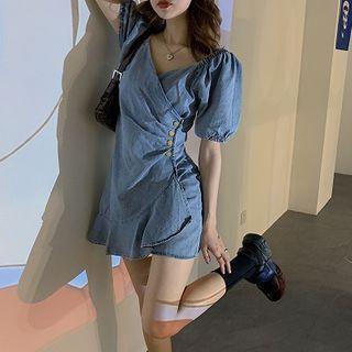 Puff-sleeve Shirred Ruffle Hem Denim Mini A-line Dress As Shown In Figure - One Size