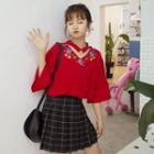 3/4-sleeve Choker-neck Floral Embroidered T-shirt Red - One Size