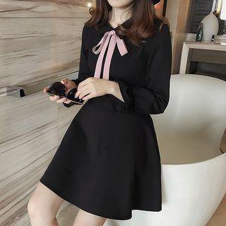 Tie Neck Collared Long Sleeve A-line Dress