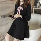 Tie Neck Collared Long Sleeve A-line Dress