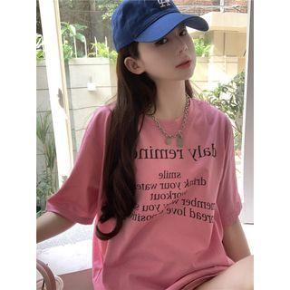 Short-sleeve Lettering Oversized T-shirt Pink - One Size
