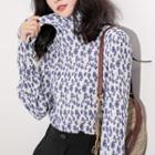 Long-sleeve Floral Print Turtleneck Top Blue Floral - White - One Size