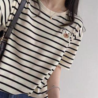 Bear Embroidered Waffle Top Black & White - One Size