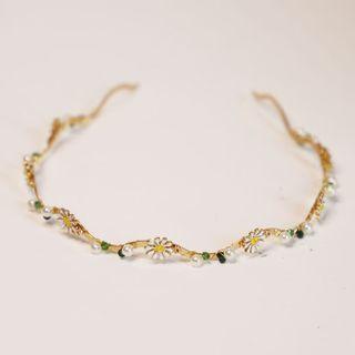 Flower Faux Pearl Wavy Headband 1pc - Gold & White & Green - One Size