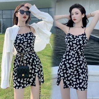 Floral Print Spaghetti-strap Mini Sheath Dress / Cropped Shirt