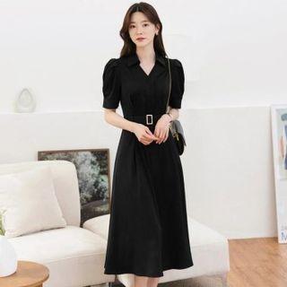 Collared Long Flare Dress With Belt