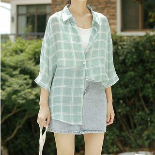 3/4-sleeve Plaid Chiffon Shirt