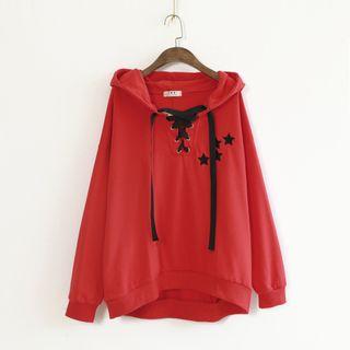 Star Embroidered Lace Up Hoodie