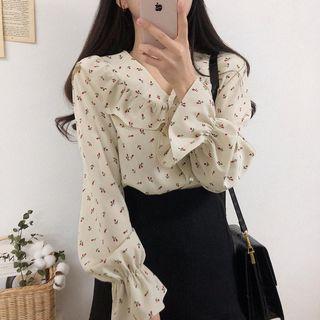 V-neck Ruffled Floral Print Blouse