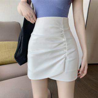 Ruched Asymmetric Mini Pencil Skirt