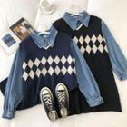 Set:v-neck Argyle Sleeveless Knit Dress + Long-sleeve Denim Shirt