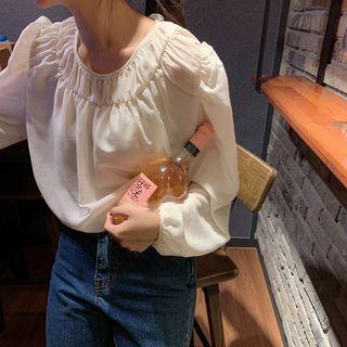 Crewneck Lace Up Ruched Puff-sleeve Top White - One Size