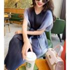 Short-sleeve Tie-waist Gradient Midi A-line Dress