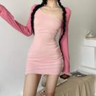 Set: Spaghetti-strap One-shoulder Mini Bodycon Dress + Shrug