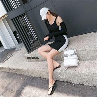 Set: Hooded Lettuce-edge Cardigan + Contrast-trim Dress