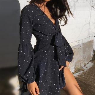 Long-sleeve Dotted A-line Mini Dress