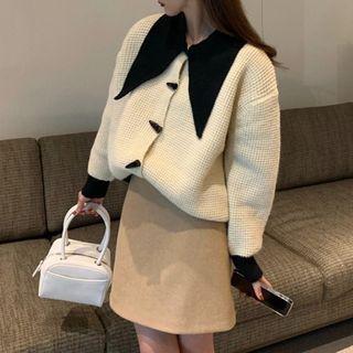 Contrast Collar Cardigan / Mini A-line Skirt