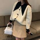 Contrast Collar Cardigan / Mini A-line Skirt