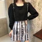 Long-sleeve Scalloped Trim Crop Top / Striped A-line Mini Skirt