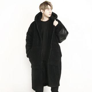 Faux-leather Panel Accent Long Zip-up Jacket