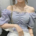 Off-shoulder Gingham Shirred Blouse