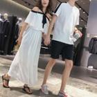Couple Matching Two-tone Short-sleeve T-shirt / Shorts / Cold Shoulder A-line Maxi Dress