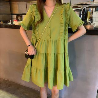 Short-sleeve Ruffle A-line Dress Avocado - One Size