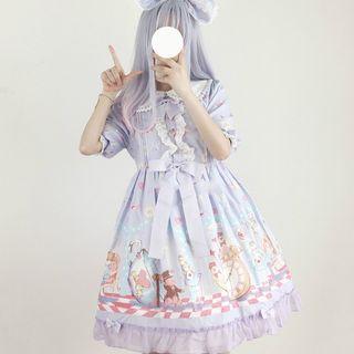 Peter Pan Collar Printed Short-sleeve A-line Dress / Bow Hair Band