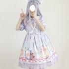 Peter Pan Collar Printed Short-sleeve A-line Dress / Bow Hair Band