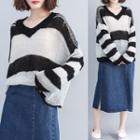 Long-sleeve Striped Knit Top Black & White - One Size