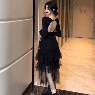 Open Back Long-sleeve T-shirt / Sheer Tiered Midi Skirt