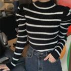 Mock-neck Puff-sleeve Ribbed Top