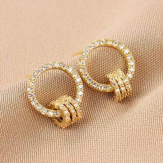 Rhinestone Hoop Ear Stud 1 Pair - Qr-339 - Gold - One Size