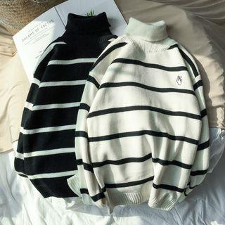 Embroidered Striped Turtleneck Sweater